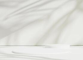 Abstract white room with realistic white cylinder pedestal podium set and leaf shadow overlay. Minimal scene for product display presentation. geometric platform stage for showcase photo