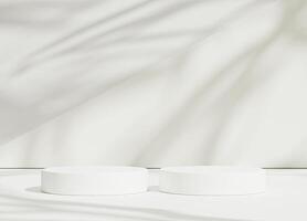 Abstract white room with realistic white cylinder pedestal podium set and leaf shadow overlay. Minimal scene for product display presentation. geometric platform stage for showcase photo