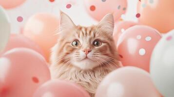 Beautiful fluffy cat surrounded by colorful balloons and confetti photo