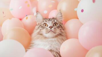 Beautiful fluffy cat surrounded by colorful balloons and confetti photo