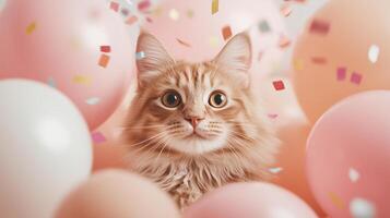 Beautiful fluffy cat surrounded by colorful balloons and confetti photo
