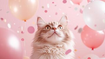 Beautiful fluffy cat surrounded by colorful balloons and confetti photo