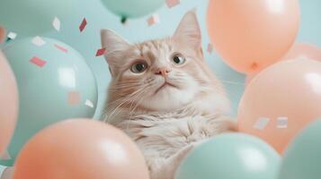 Beautiful fluffy cat surrounded by colorful balloons and confetti photo