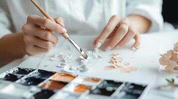 Female artist dips a brush into a palette of paints photo