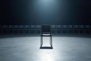 Empty chair in a dark room with rows of chairs photo