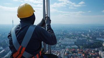 A worker on a high rise building with a city in the background photo