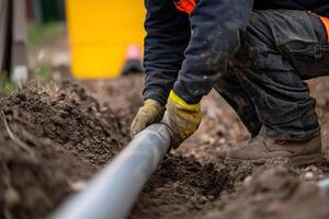 A man is working on a pipe in the ground photo