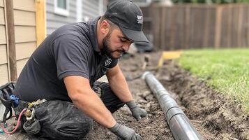 A man in black shirt and black hat working on a pipe photo