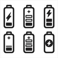 Battery outline icons set. Charge level. Battery Empty And Full With a Lightning Bolt Charge Symbol Silhouettes On White Background vector
