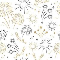 golden and black fireworks with stars and sparks on white background. Seamless pattern. vector