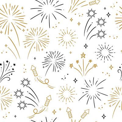 golden and black fireworks with stars and sparks on white background. Seamless pattern.