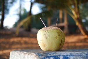 Coconut with straw on the beach. Selective focus. photo