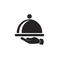 Black-and-white illustration of a hand holding a covered serving platter, often used to symbolize food service or catering. The hand, drawn in a stylized manner. vector