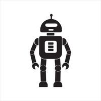 This image is a vector-style illustration of a robot. The design is minimalistic, showing a humanoid robot with segmented arms and legs, a rectangular body with a panel-like feature in the center. vector