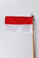 The red and white flag with a wooden pole photo