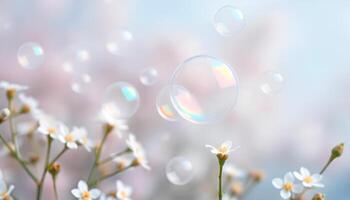 soap bubbles floating in the air over a field of white flowers photo