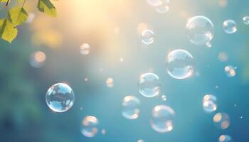 soap bubbles floating in the air with leaves photo