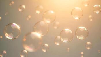 soap bubbles floating in the air with sunlight shining through photo