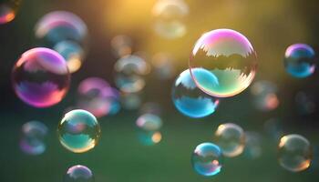 soap bubbles floating in the air with sunlight shining through photo
