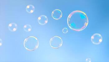 soap bubbles floating in the air on a blue background photo