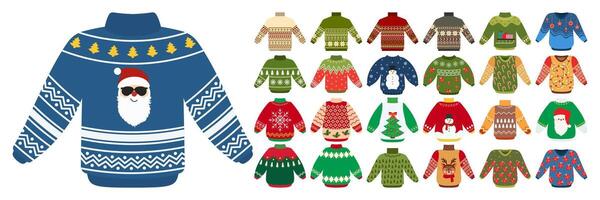 Christmas-themed sweaters with decorative patterns and festive designs. vector