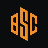 BSC letter logo design in six styles. Hexagon, flat and simple BSC with Orange color variation black background vector