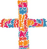 A colorful, abstract cross composed of many organic, fluid shapes. vector