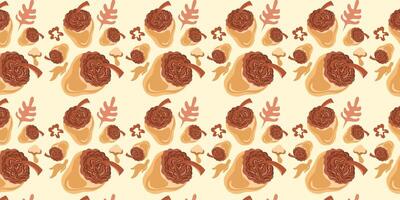 A whimsical autumn pattern featuring stylized walnuts, mushrooms, and leaves on a soft, cream background. vector