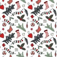 Seamless pattern featuring Christmas festive elements like holly, stockings, pine branches, ornaments, lights, and candy in red, green, and white. Hand drawn, cozy, and cheerful holiday design. vector
