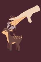 Flat hand drawn sketch of hand keeping Christmas toy deer . The decoration is hanging on the index finger. vector