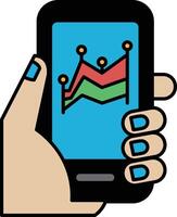 A hand holding a cell phone with a graph on the screen vector