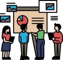 A group of people are standing around a large white board with a pie chart on it vector