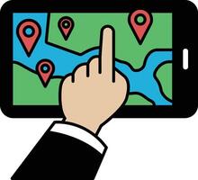 A hand pointing at a map on a phone vector