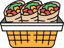 Three burritos with vegetables in a basket vector