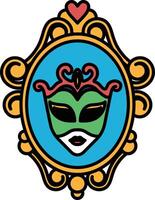 A mask with a green and red face is shown in a frame vector