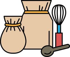 A bag of flour, a whisk, and a spoon are shown in a close up vector