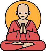 A man in a red robe is sitting cross legged and making a peace sign vector
