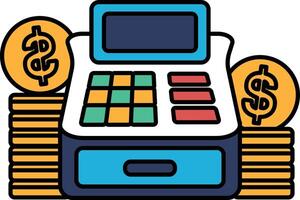 A calculator with a pile of coins on top of it vector
