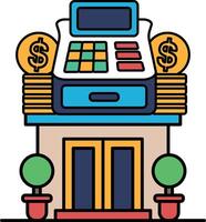 A building with a cash register on top and a pile of coins on the counter vector