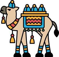 A camel with a colorful saddle and a red and yellow scarf on its neck vector