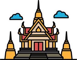 A yellow and red building with three towers vector