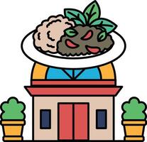 A restaurant building with a plate of food on top of it vector