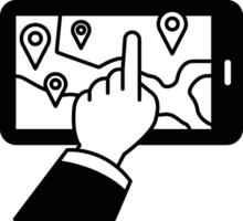A hand pointing at a map on a phone vector