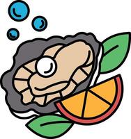 A cartoon drawing of a shell with a pearl inside and a slice of orange on top vector