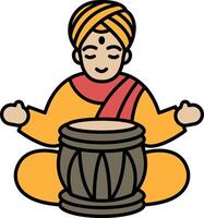 A man in a yellow robe is sitting cross legged with a drum in front of him vector