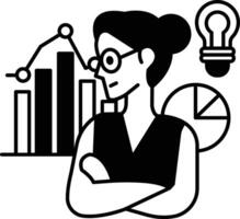 A woman in a shirt is looking at a graph vector