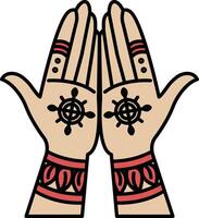 The hand drawing is of two hands with a cross and a wheel on them vector