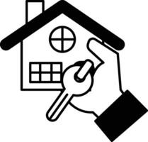 A hand holding a key in front of a house vector