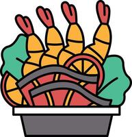 A cartoonish drawing of a bowl of food with shrimp, lettuce, and an orange vector