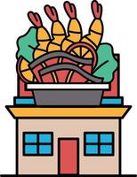 A cartoon drawing of a house with a pot of food on top of it vector